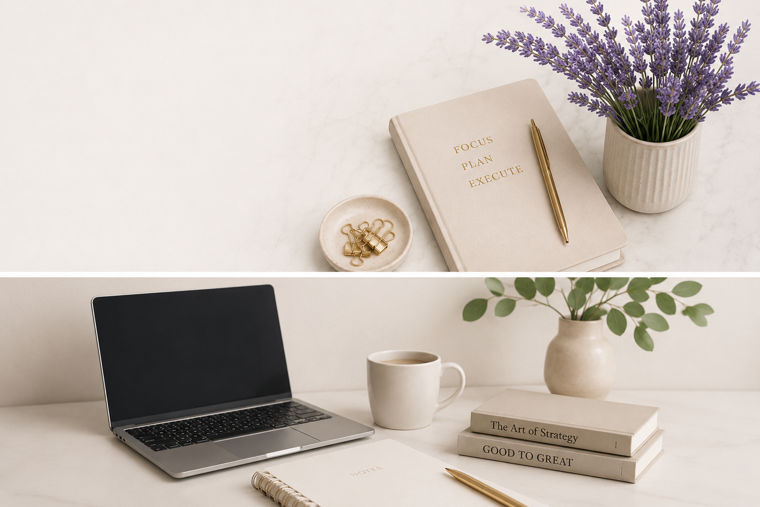 Laptop, coffee mug, eucalyptus plant and books on a clean neutral desk